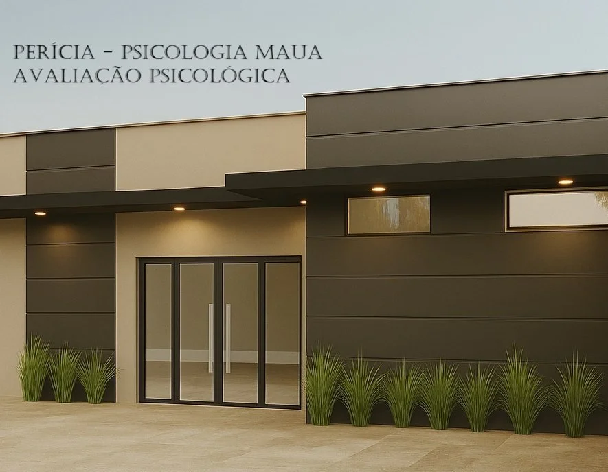 Fachada de clínica de psicologia com sinalização de perícia e avaliação psicológica, entrada de vidro, plantas ao redor e iluminação