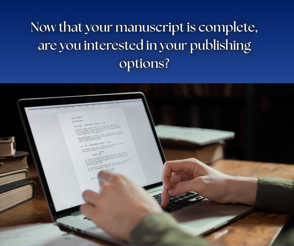 A person working on a laptop with a Microsoft Word document open, surrounded by stacks of books on a wooden table, with a blue background that contains white text asking about publishing options.
