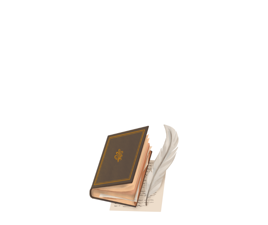 An open journal with a feather quill resting on the pages