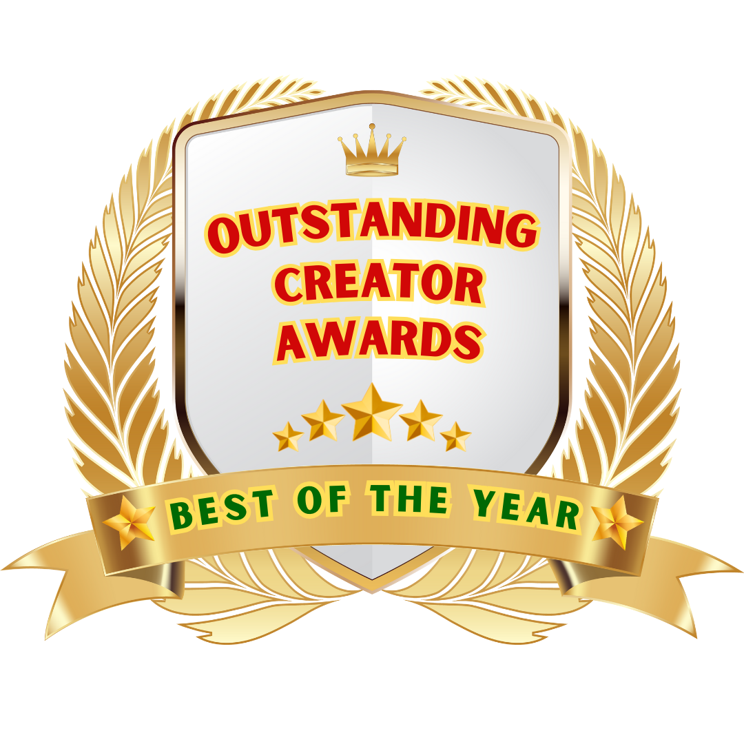 Gold and silver badge with a crown at the top, featuring the text 'Outstanding Creator Awards' in red and yellow, surrounded by gold laurel leaves, and a gold ribbon at the bottom with the text 'Best of the Year' in green.