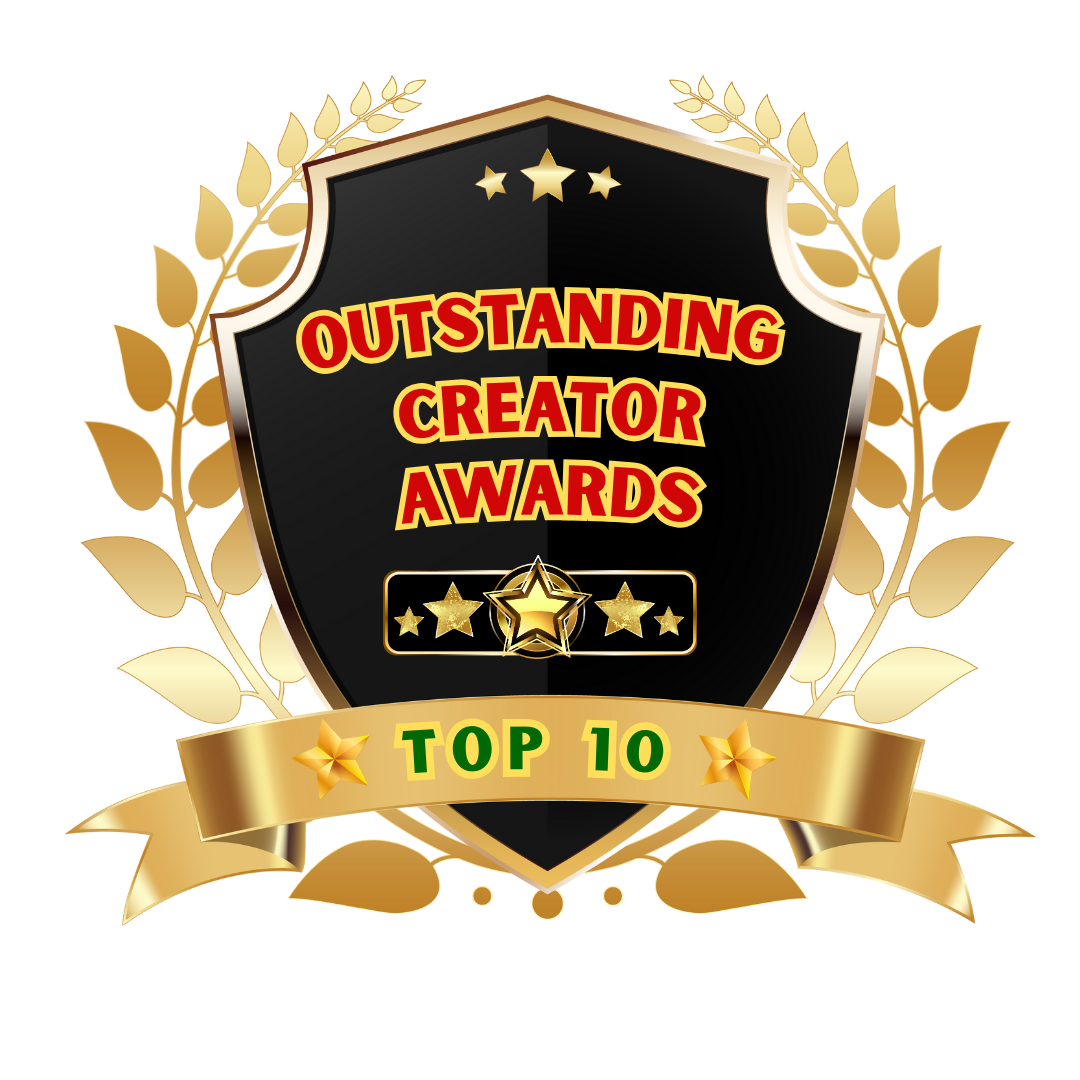 Gold and black crest with text 'Outstanding Creator Awards', 'Top 10', surrounded by gold leaves and stars.