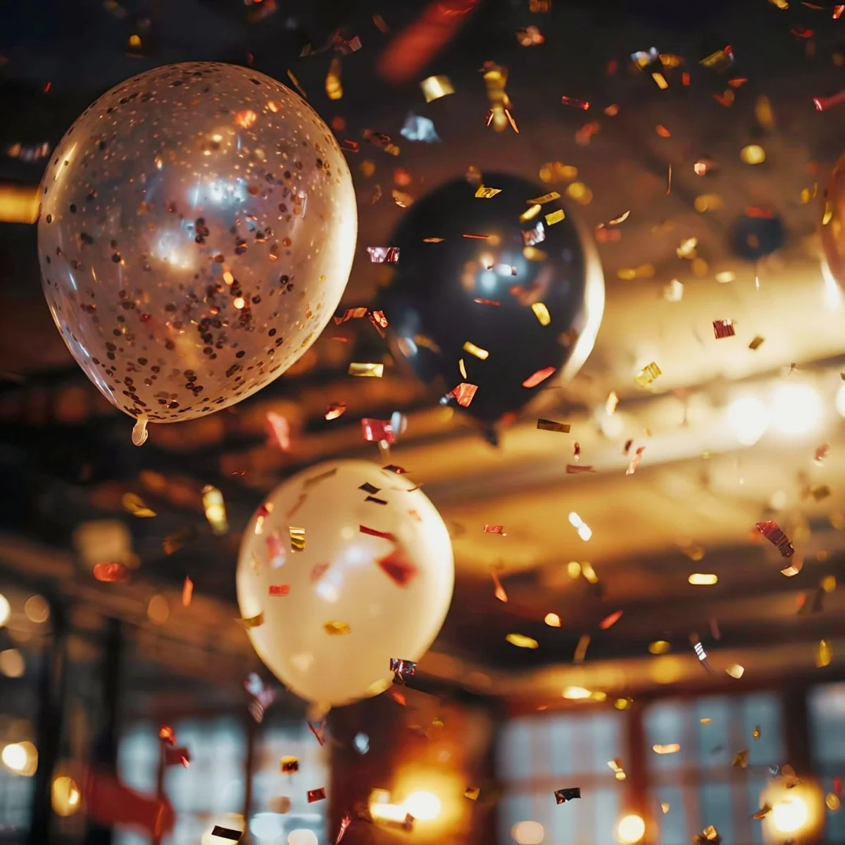 Festive balloons and confetti party decor