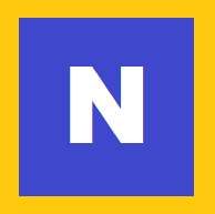 Letter N on a blue square background with a yellow border