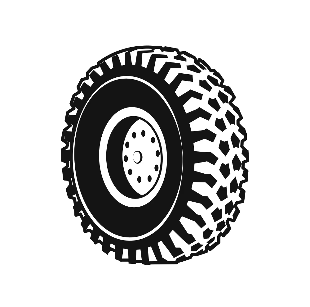 Black and white illustration of a rugged vehicle tire with tread pattern.