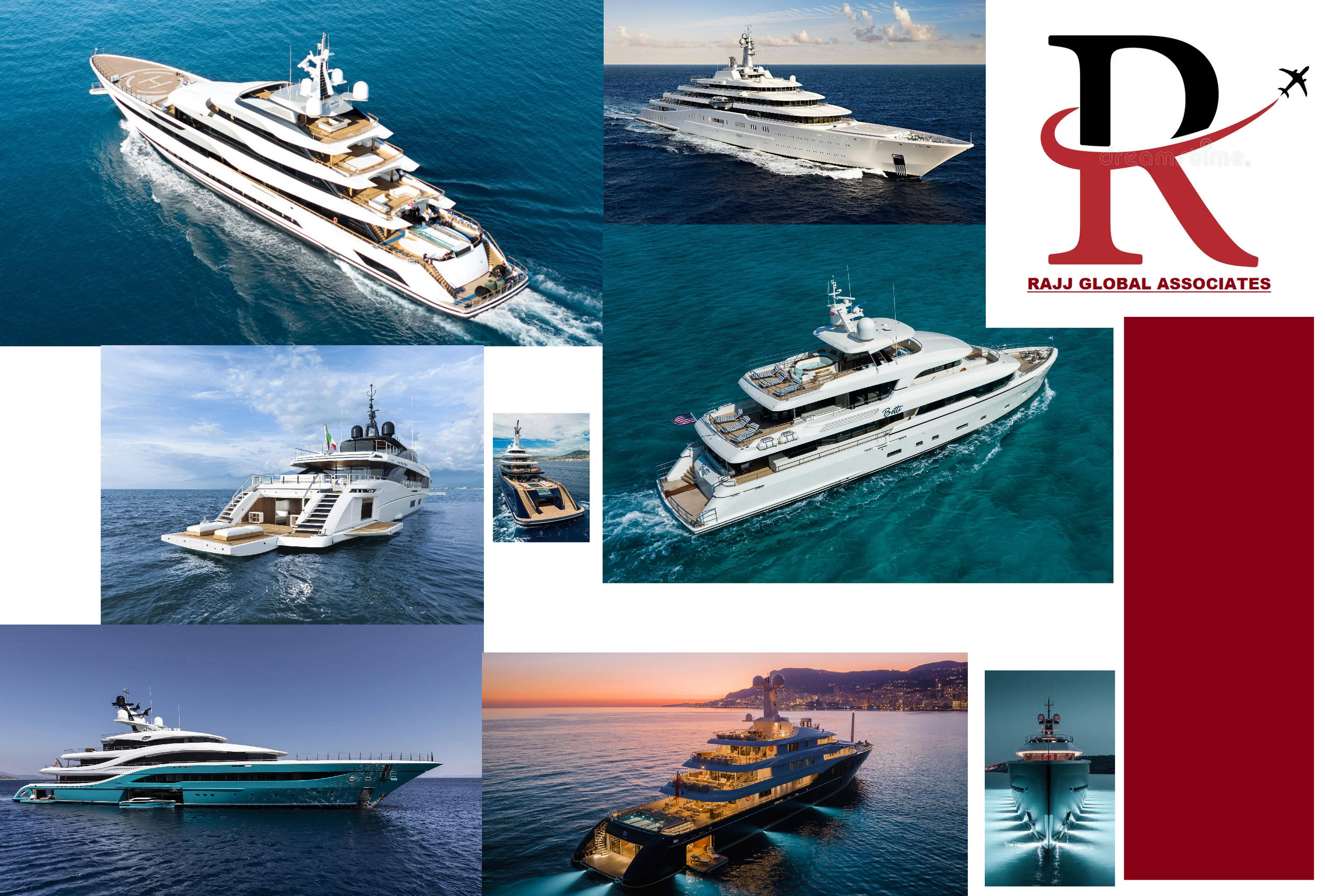 Collage of multiple luxury yachts on the ocean with a logo for Rajj Global Associates on the right side.