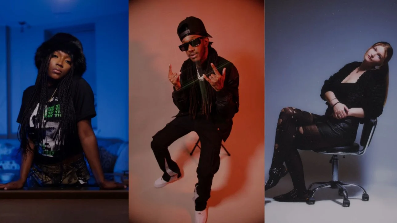 Three individuals in different poses and settings. The first person on the left is a woman with long braids wearing a black graphic T-shirt, leaning on a surface with a blue-lit background. The middle person is a man wearing sunglasses, a cap backwards, and black clothing, sitting and making hand gestures, with an orange background. The third person on the right is a woman with long hair wearing a black top and ripped jeans, sitting on a chair against a gray background.