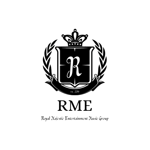 A black and white logo featuring a crown, a shield with an ornate letter R, laurel branches, and the text 'RME' with 'Royal Majesty Entertainment Music Group' underneath.