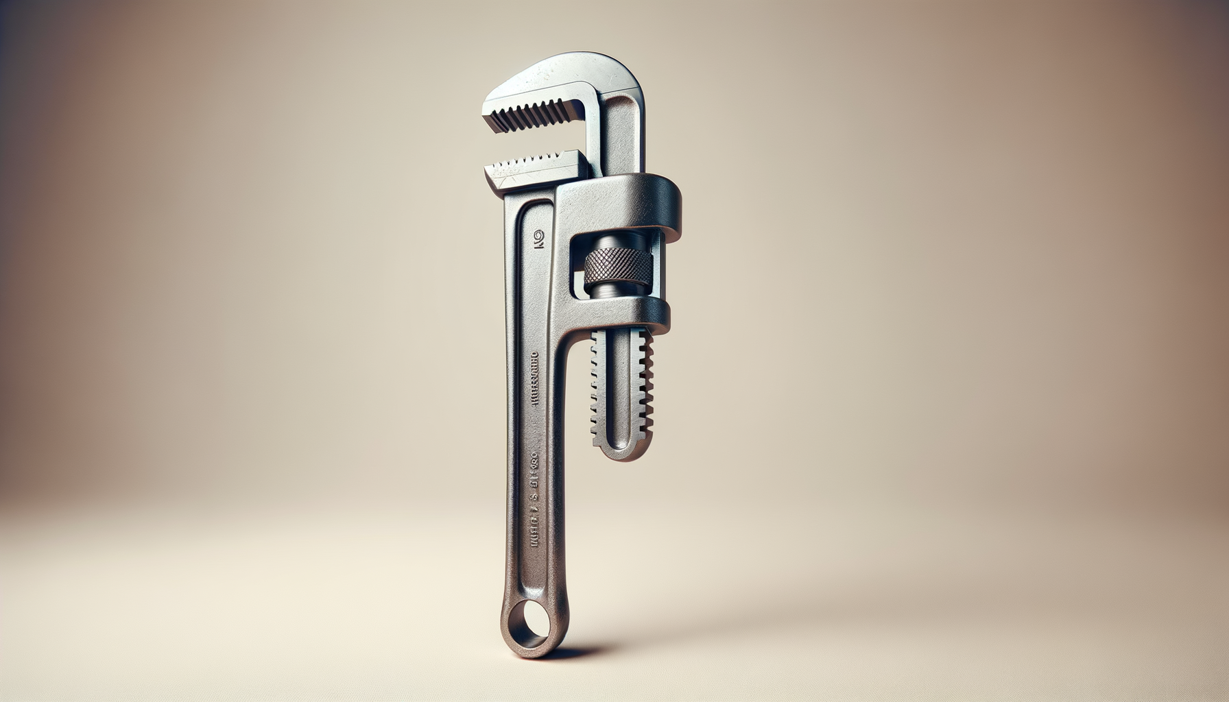 A metallic adjustable wrench with a black grip and adjustable jaw, standing upright on a neutral background.