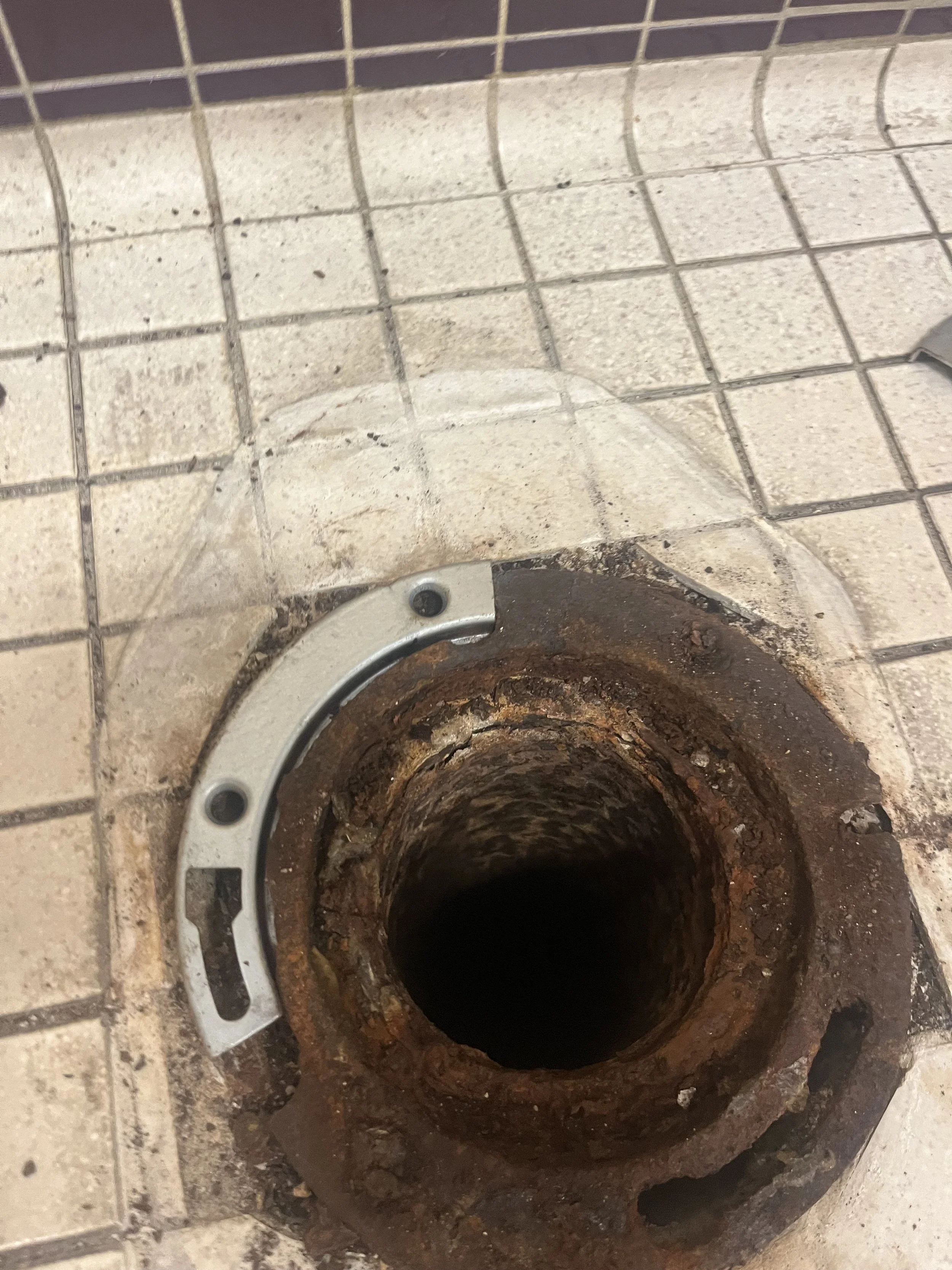Rusty floor drain with a metal flange and a clear plastic cover on a tiled bathroom floor.