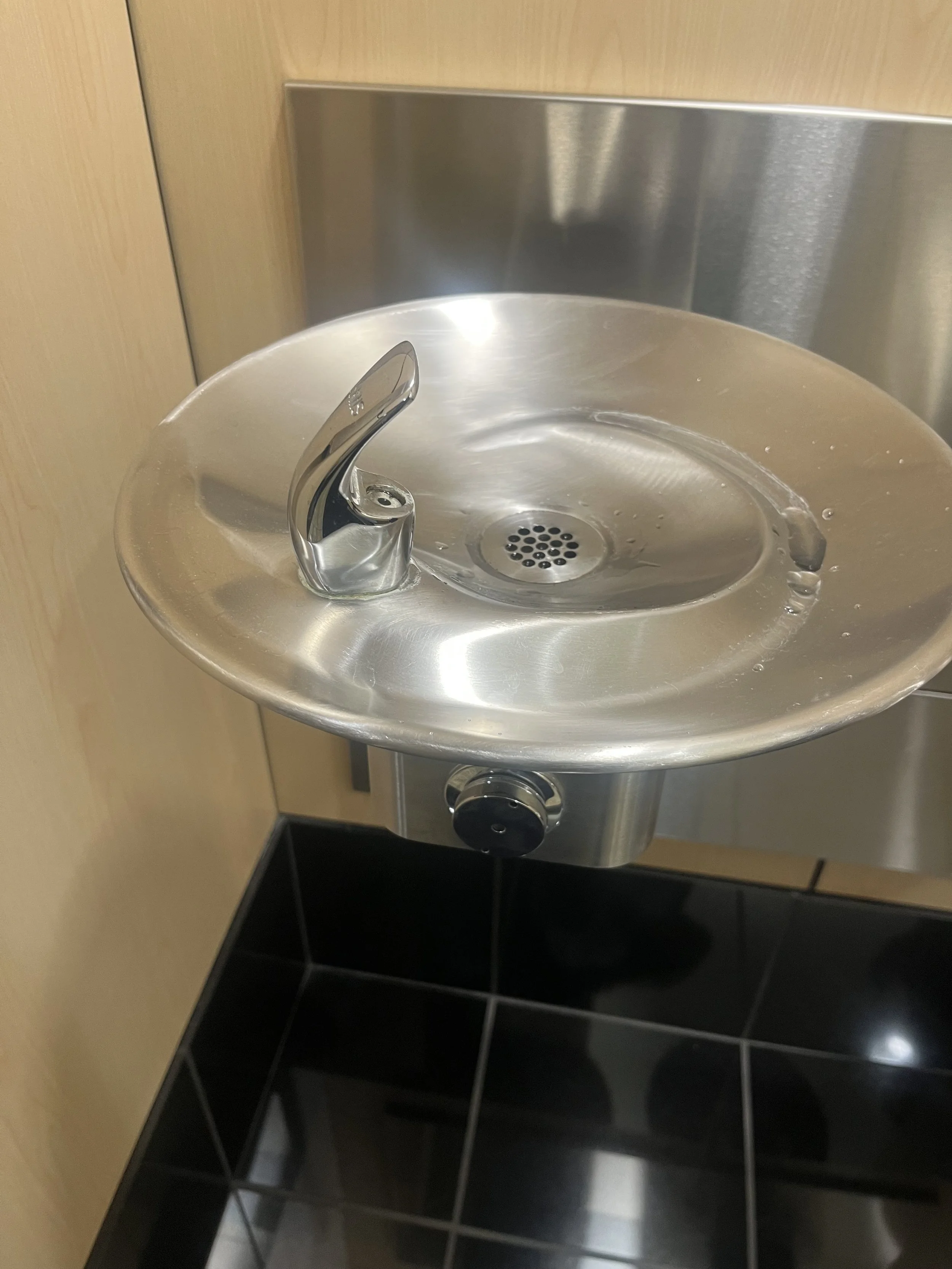 installation of a  stainless steel water fountain with a spout in a public restroom
