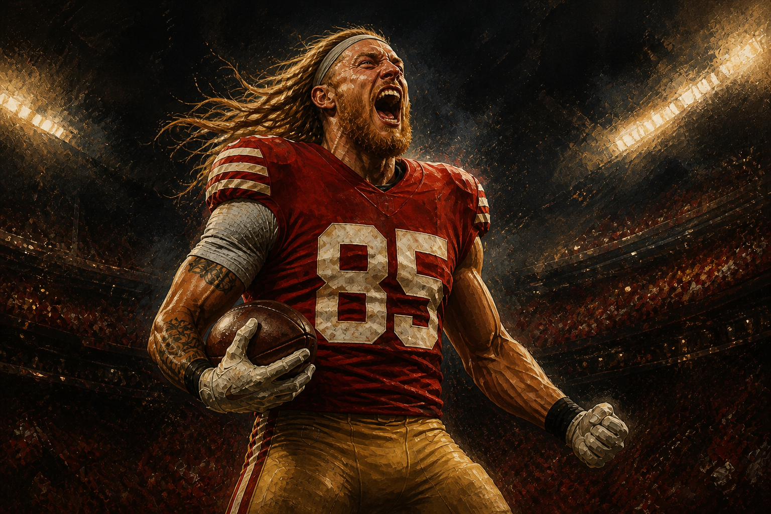 Original editorial illustration of a 49ers-inspired tight end celebrating under stadium lights.