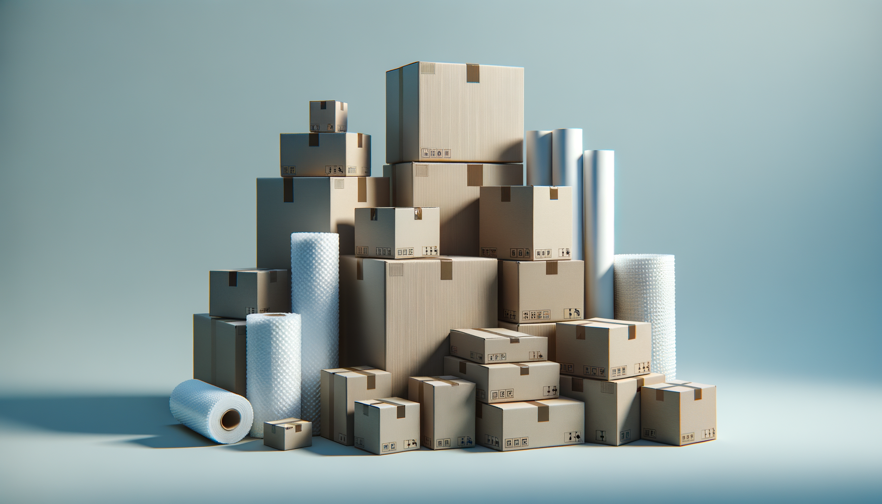 Pile of cardboard moving boxes and bubble wrap rolls