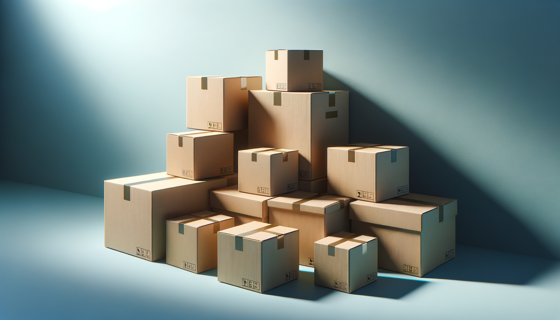 Stack of cardboard moving boxes arranged against a light blue background with shadows.
