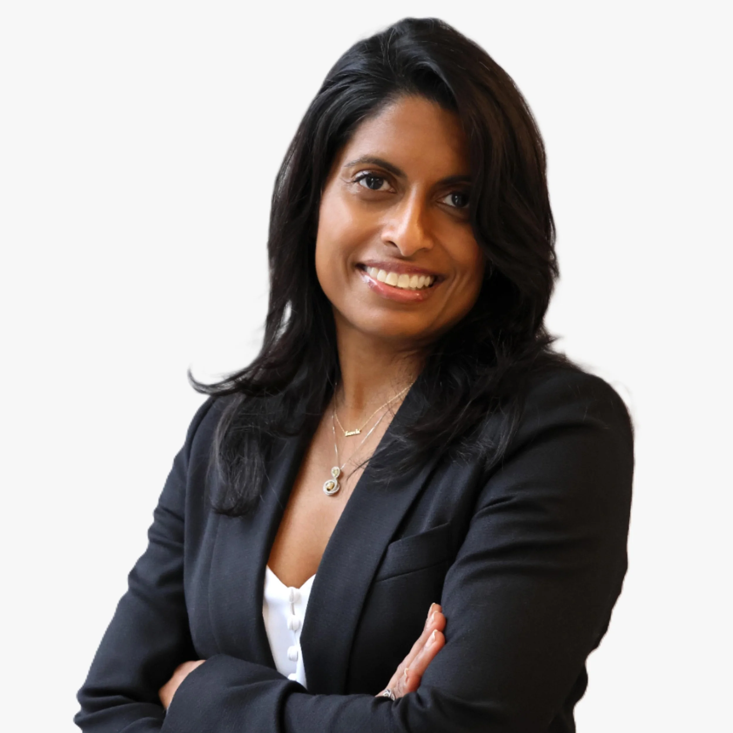 A professional woman with long black hair, smiling, dressed in a black blazer over a white top, standing against a white background.