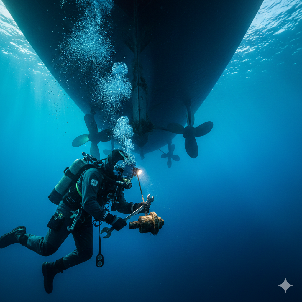 A diver underwater performing maintenance on a submarine's propeller with the submarine's hull and propellers visible above.