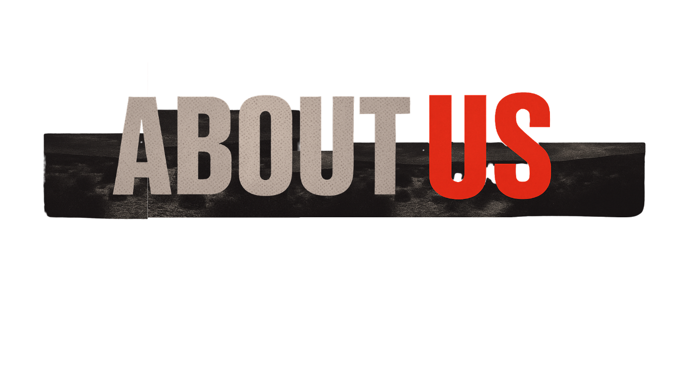Text that reads 'ABOUT US' with a black and red background.