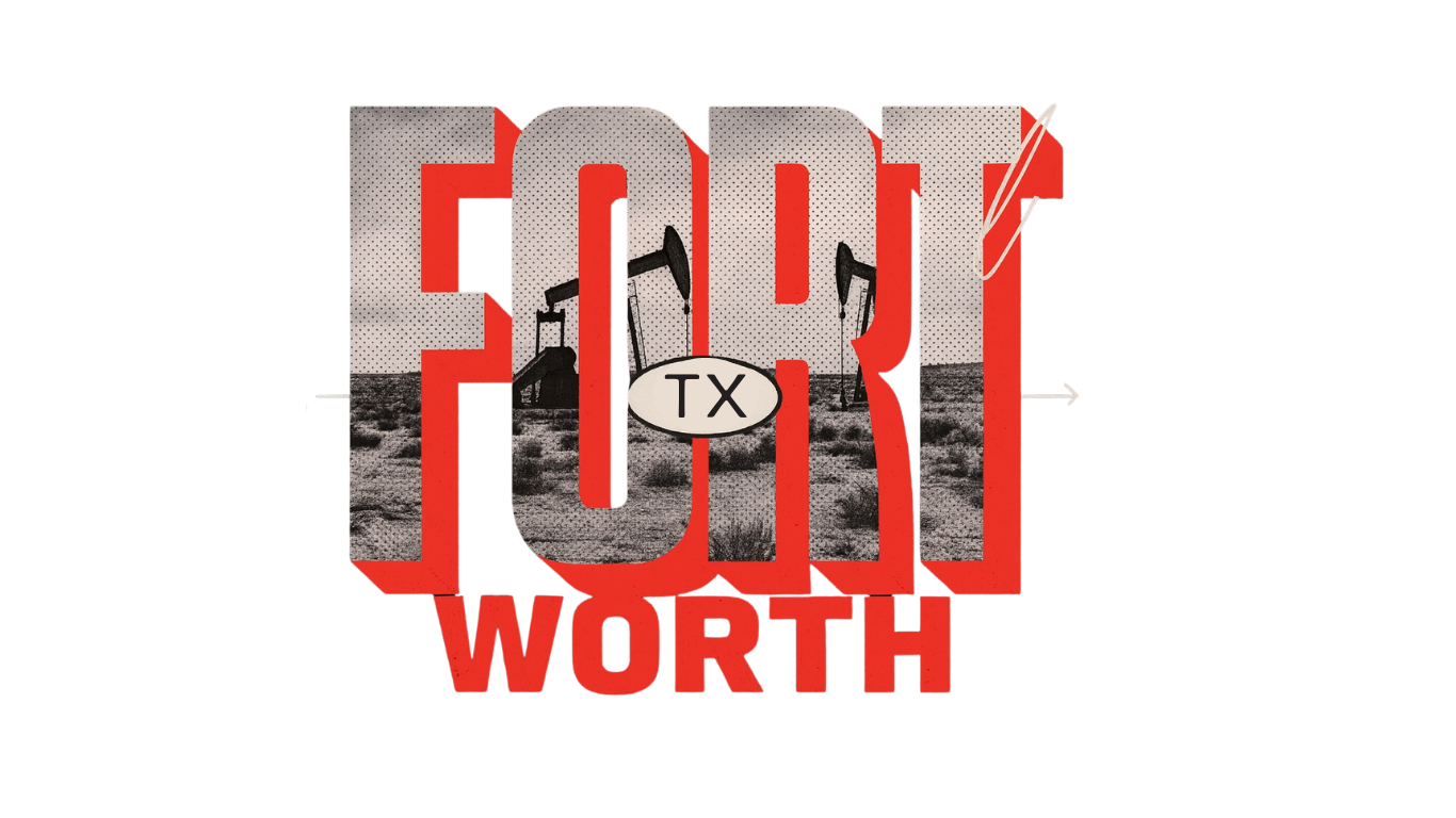 Graphic design with the word "FUTURE" in large letters, the word "WORTH" at the bottom, and a small oval with "TX" in the center. The background features a desert scene with oil pumps. The design uses red, black, white, and grey colors.