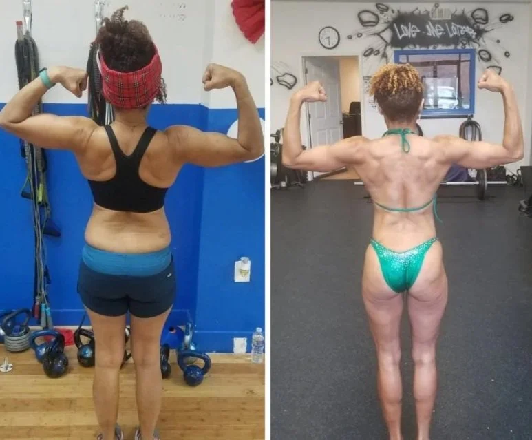 Side-by-side comparison of a woman before and after a fitness transformation. The left shows her in workout attire with a headband, flexing her back muscles. The right shows her in a bikini, showing increased muscle definition and a leaner physique.