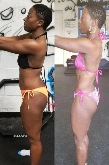 Side-by-side comparison of a woman before and after a fitness transformation. In both images, she is standing in profile, wearing a bikini in the after photo and a sports bra and shorts in the before photo, showing her toned and slimmer physique.