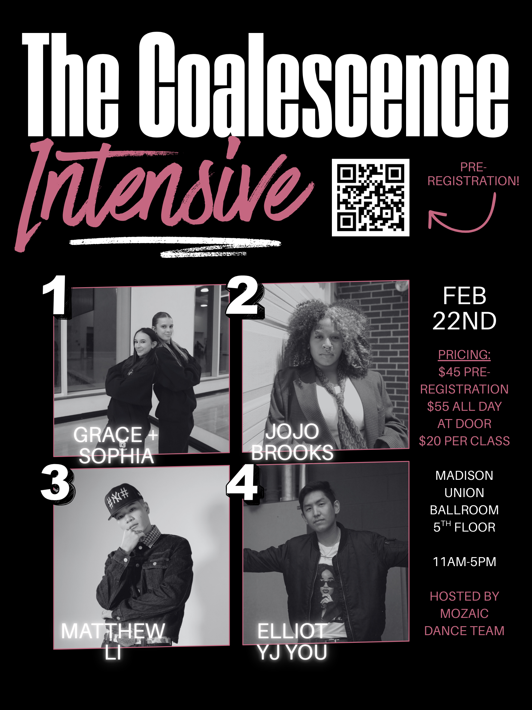 Event poster for 'The Coalescence Intensive' dance event featuring black and white photos of four dancers with their names and an event date of February 22nd; details include pricing, location, time, and host information.