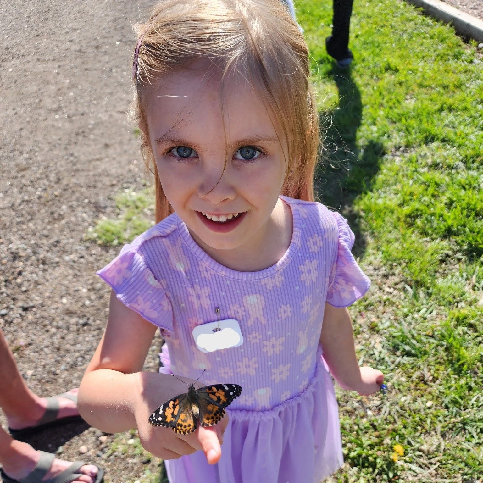 A young girl with red hair and blue eyes holding a butterfly on her finger, standing outdoors on a grassy area with a dirt path.