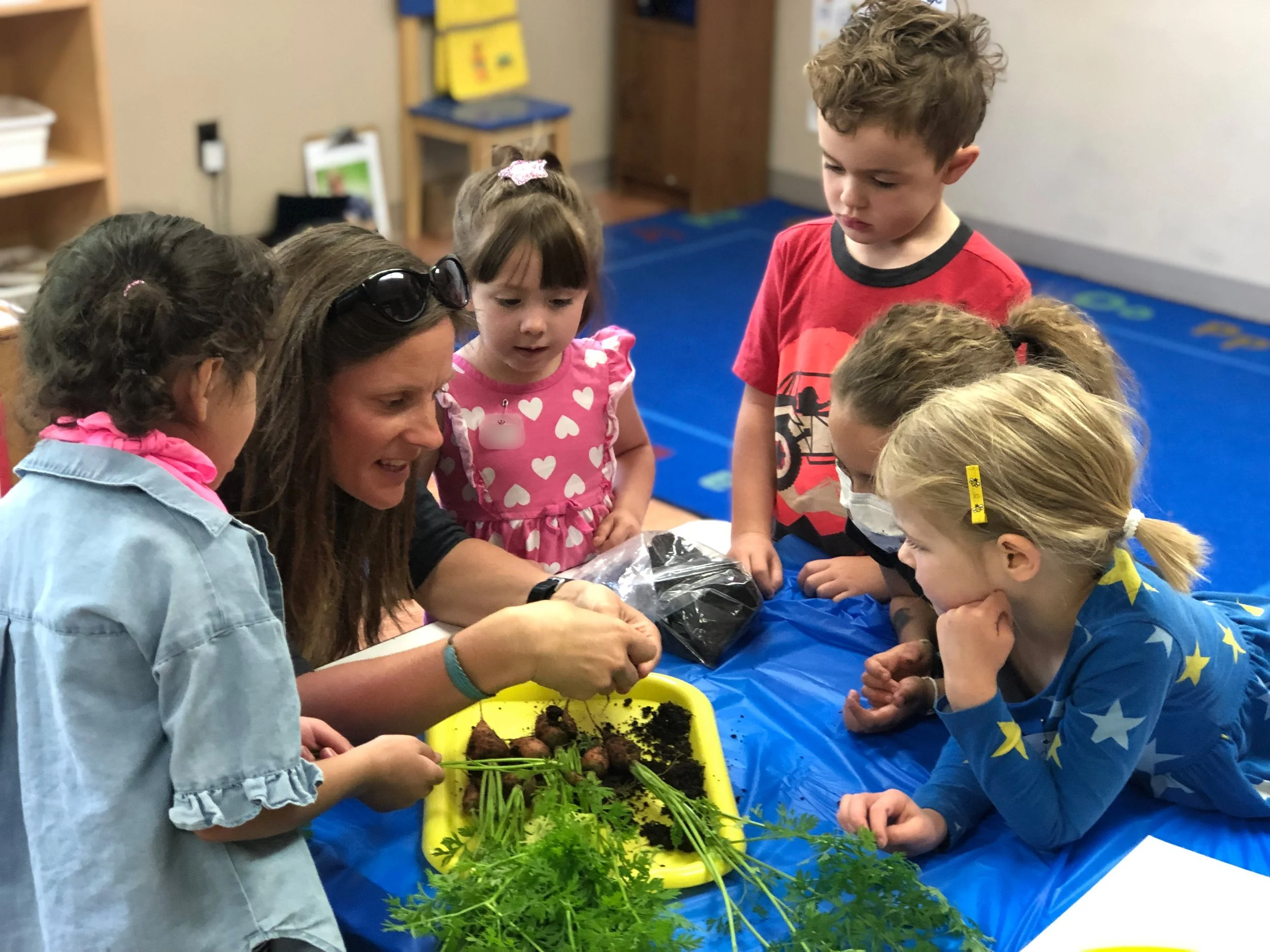 A group of children and a teacher gathered around a table with a yellow tray and some plants, examining and handling soil and roots during a gardening activity in a classroom.