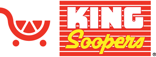Logo of King Soopers grocery store with red and white stripes, yellow script, and a red shopping cart graphic.