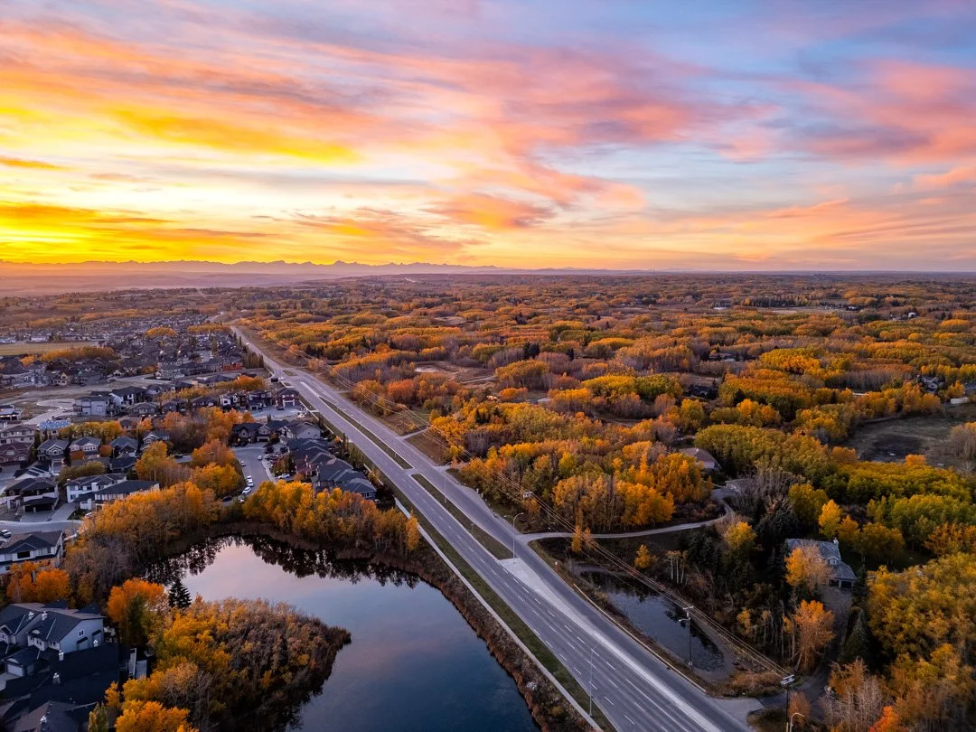 Aerial view of a sunset over a suburban area with a bridge crossing a small lake and a landscape of trees with fall foliage.