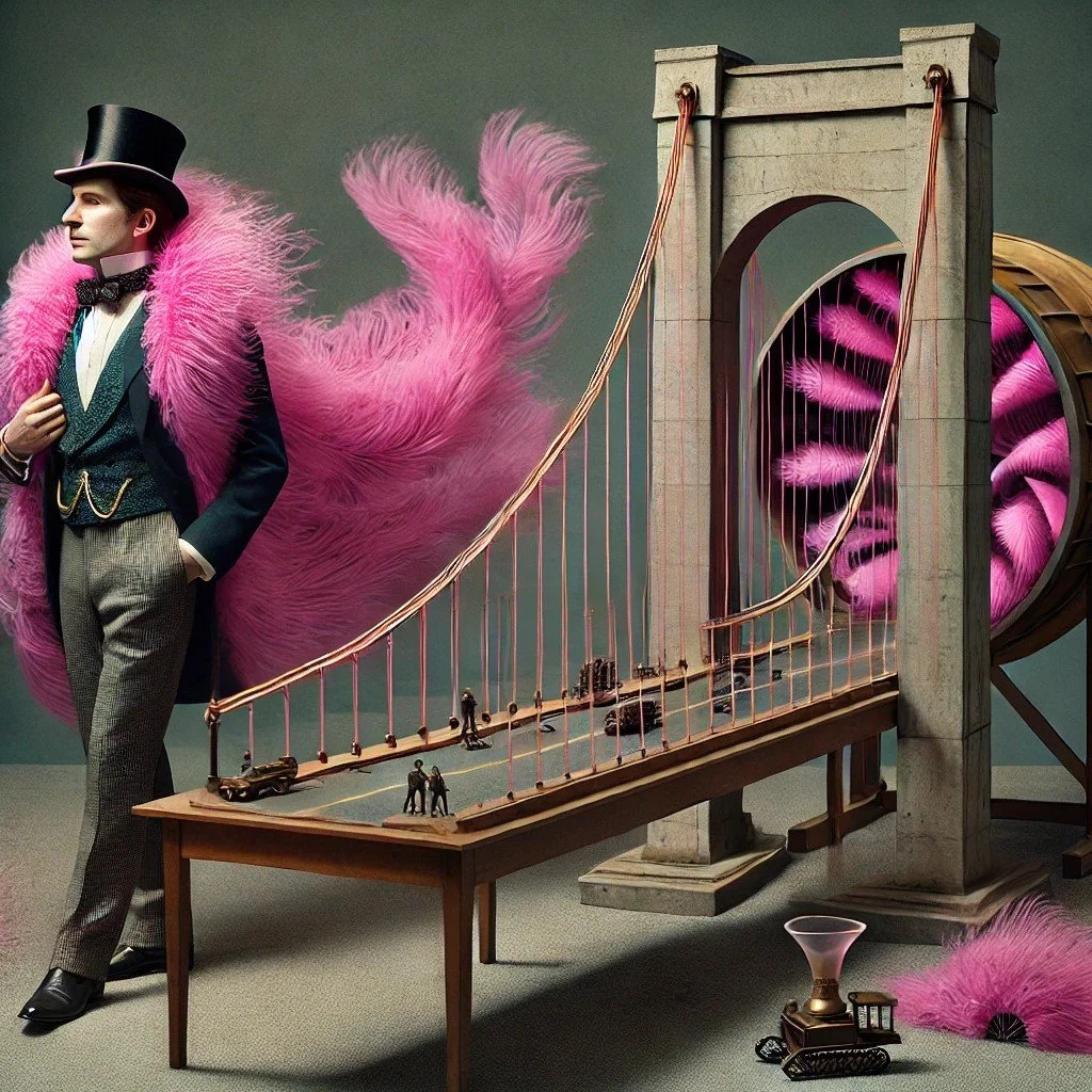 Man dressed in vintage-style clothing with a top hat, bow tie, and pink feathered cape standing next to a model of the Brooklyn Bridge with pink feathers in the background.