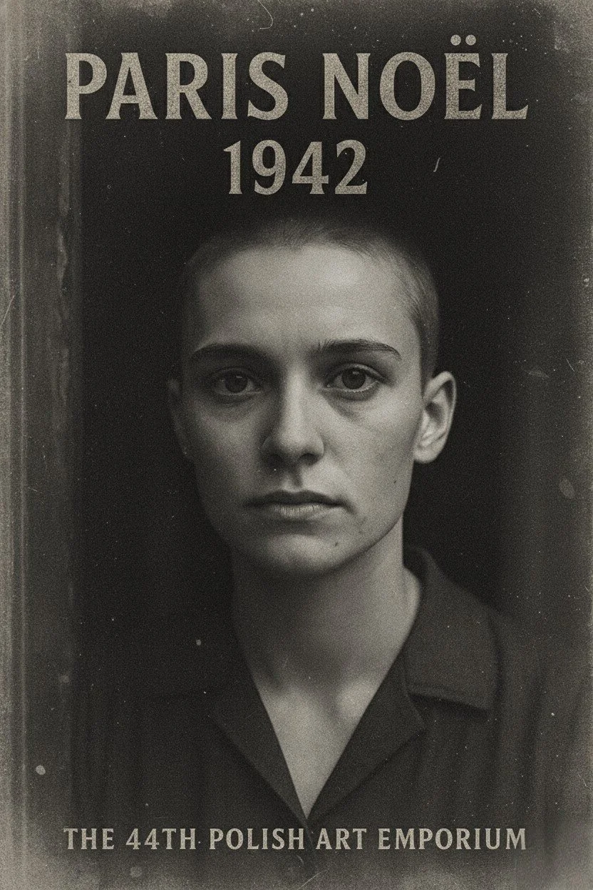 Black and white photo of a woman with short hair, looking directly at the camera. Text above reads "PARIS NOËL 1942" and below reads "THE 44TH POLISH ART EMPORIUM."