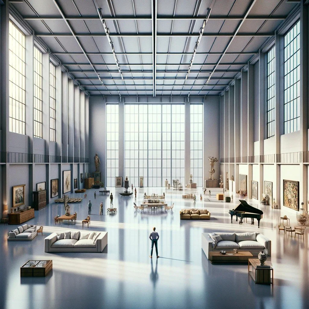 A spacious art gallery or museum with large windows shining natural light, featuring various sculptures and paintings, with sofas, chairs, and tables for visitors.