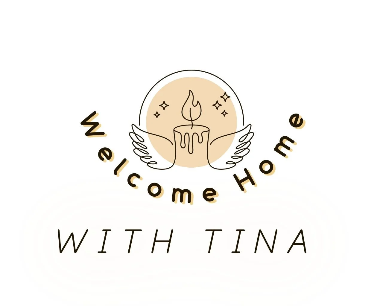 Logo for 'Welcome Home with Tina' featuring a candle with a flame, surrounded by stars and wings, with the text 'Welcome Home' in a semi-circle and 'With Tina' below.