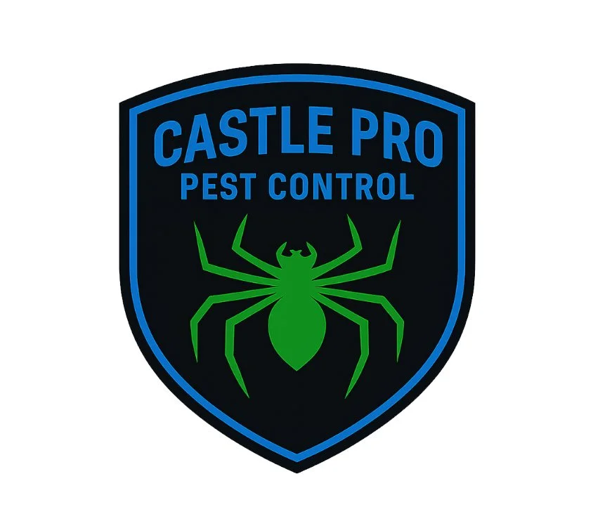 A shield-shaped logo with a black background and a blue border. The text reads "Castle Pro Pest Control" in blue, and there is a large green insect in the center.