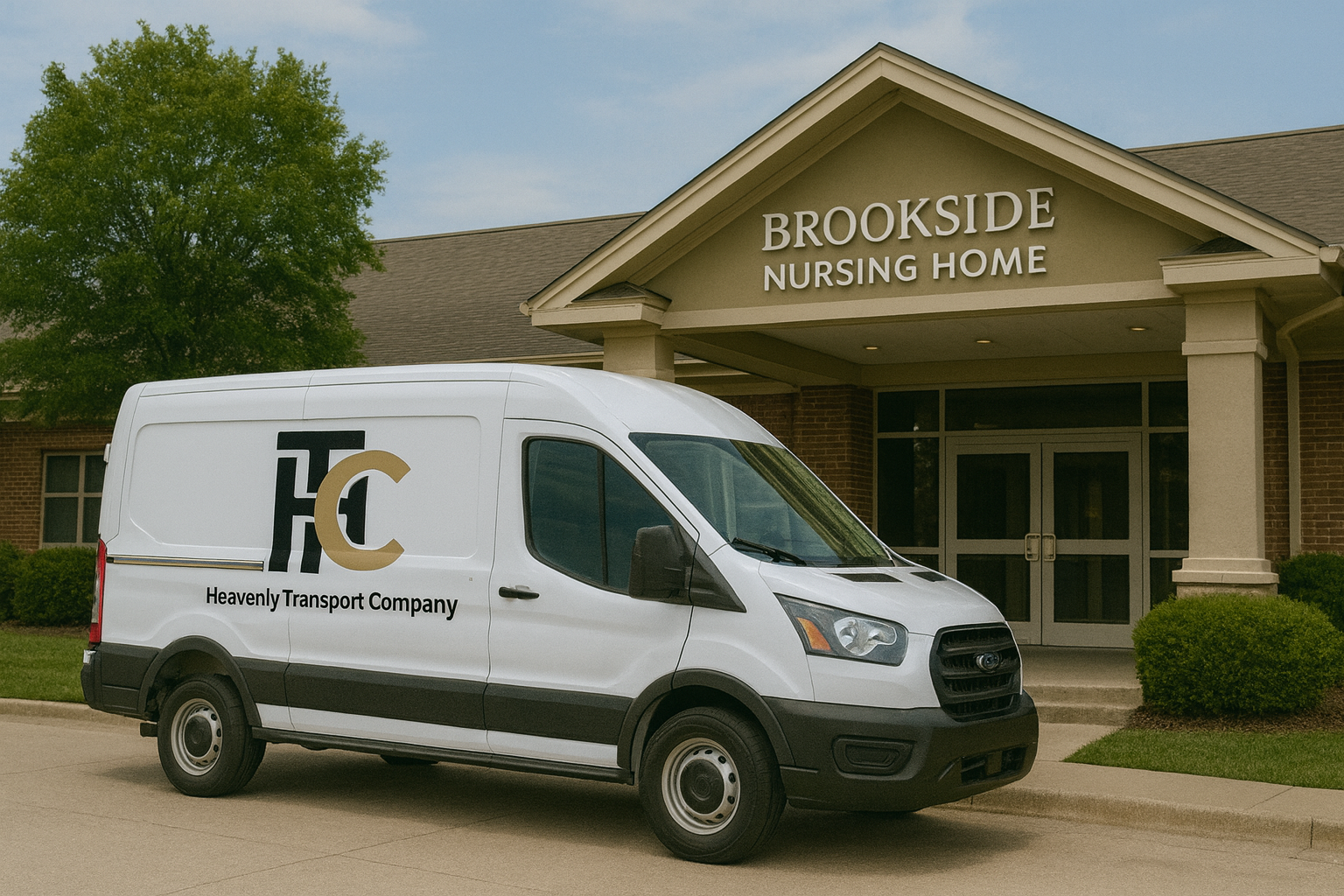 White transport van labeled Heavenly Transport Company parked in front of Brookside Nursing Home entrance with large trees and bushes nearby.
