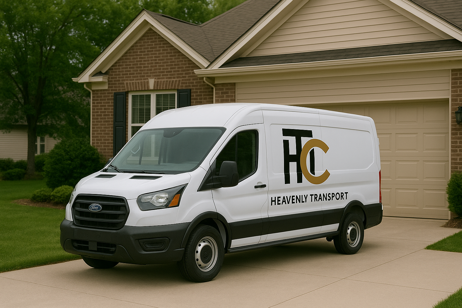 White delivery van with 'Heavenly Transport' logo parked in front of a suburban house with a brick and siding exterior, surrounded by green grass and bushes.