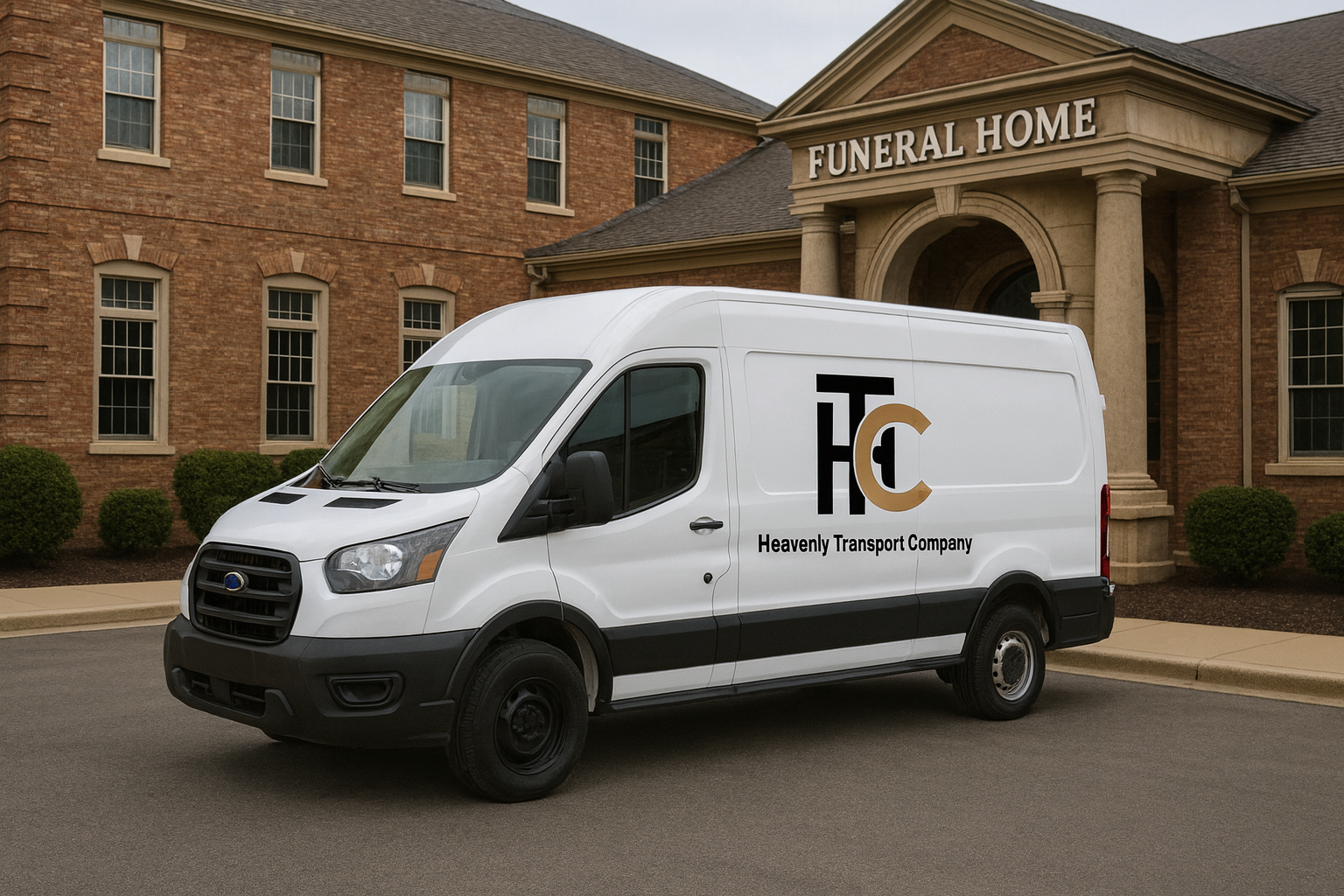 Receive the deliver of funeral casket with a white van cloaked in the Heavenly Transport Company logo parked in front of a funeral home building.