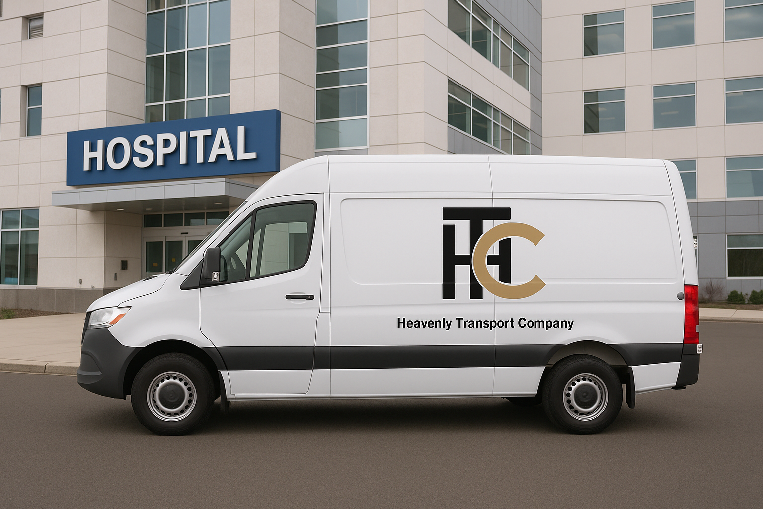 A white delivery van with the logo of Heavenly Transport Company parked in front of a hospital building.