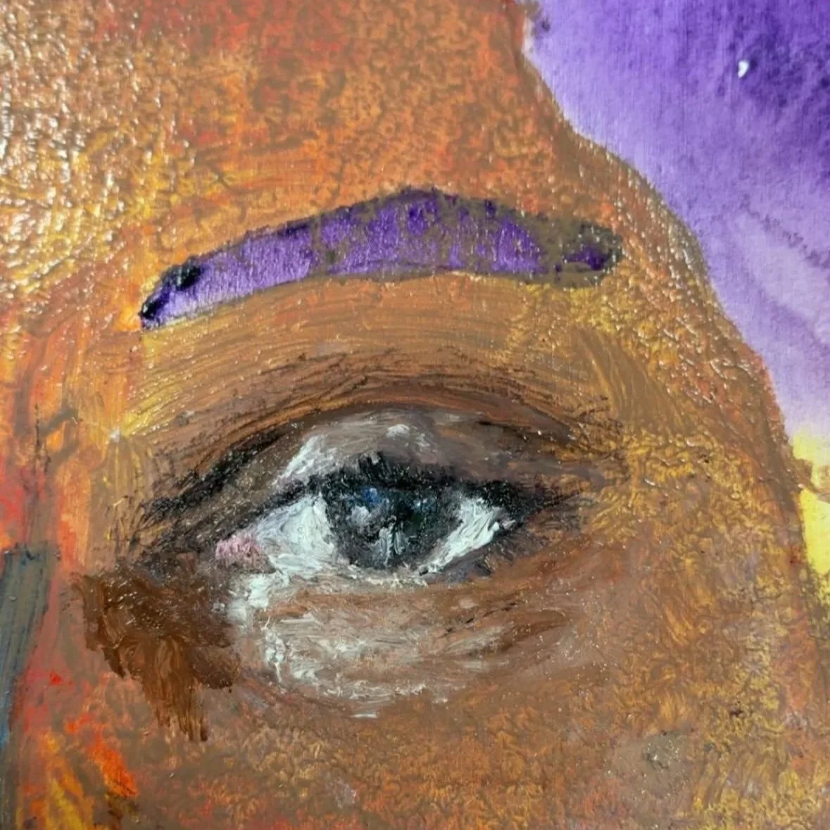 A close-up painting of a human eye with visible eyelashes, an arched eyebrow in purple, and surrounding skin painted with warm tones, with textured brushstrokes.