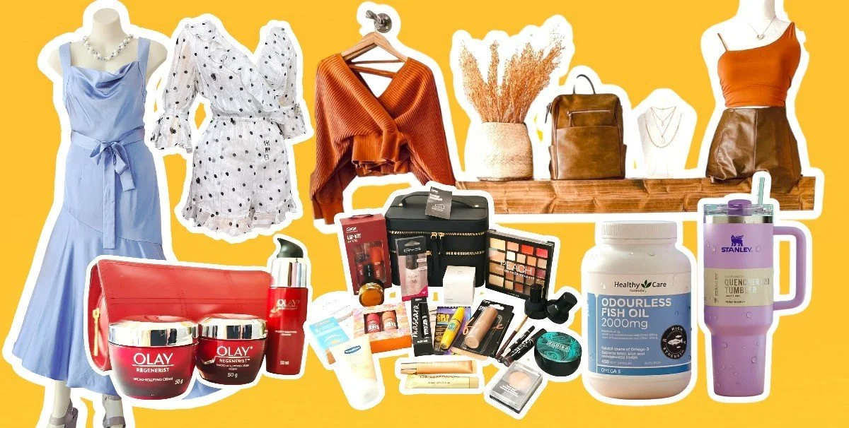 A collage of clothing, beauty products, health supplements, and personal care items on a yellow background.