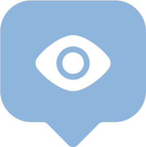 Icon of an eye inside a speech bubble on a blue background.