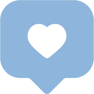 Blue speech bubble with a white heart in the center.