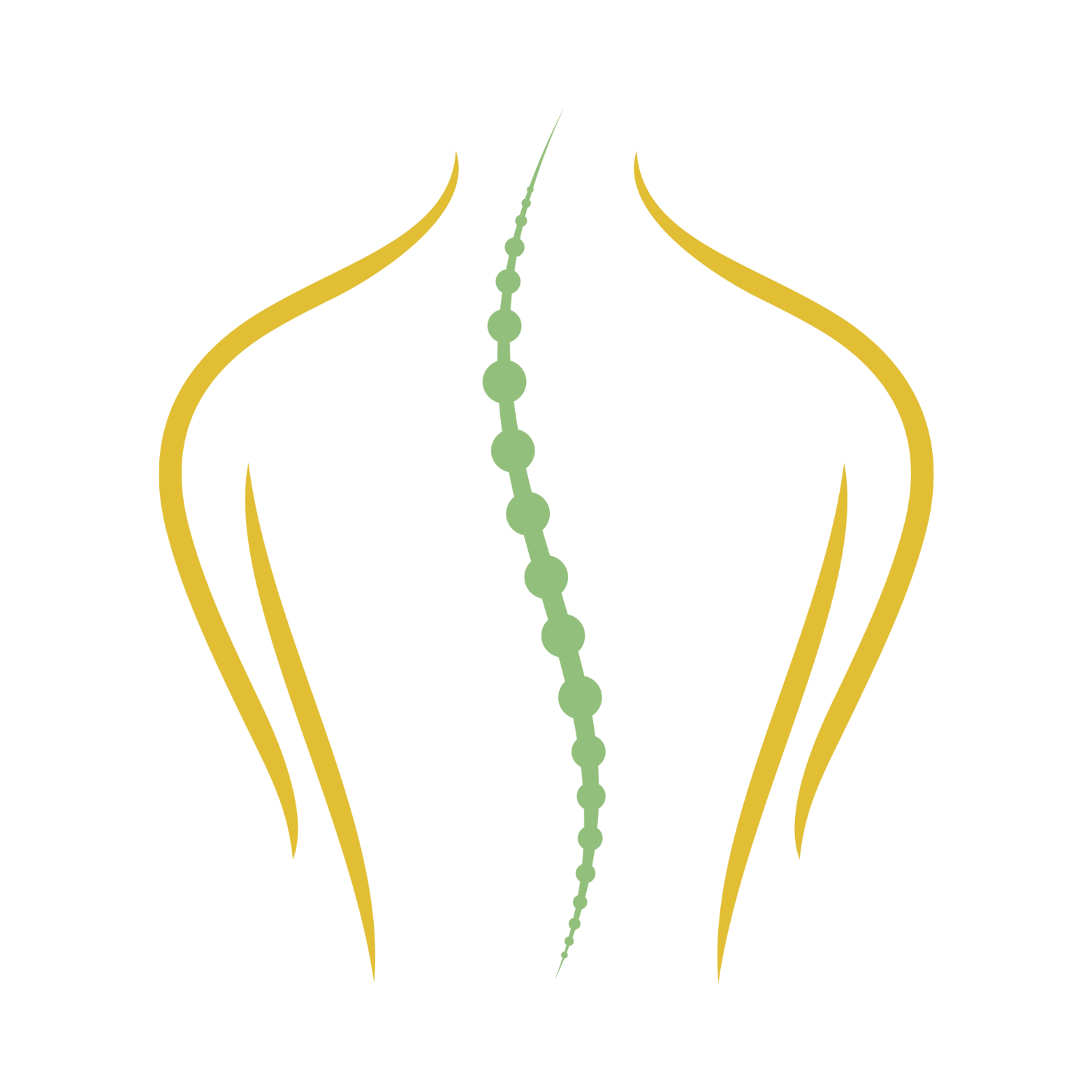 Illustration of a human back with a focus on the spine, depicted with a green line of circles representing the spinal column, on a black background.