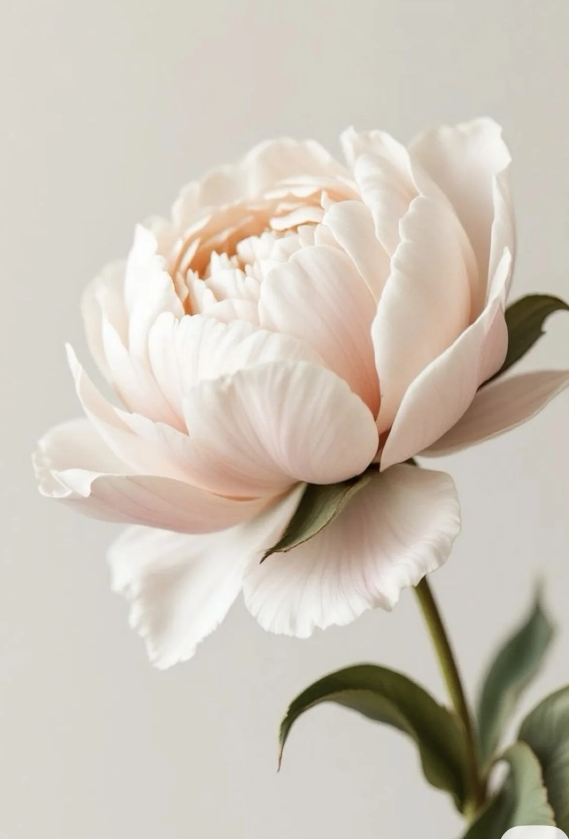 A close-up of a pale pink peony flower in bloom with green leaves against a plain background.