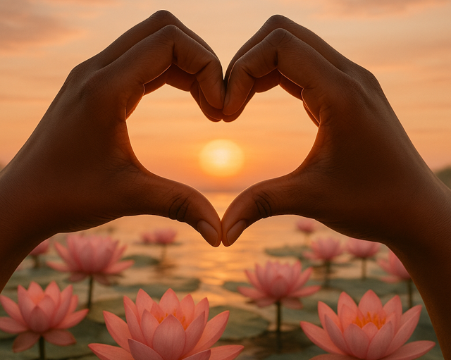 Hands forming a heart shape framing a sunset over a pond with pink lotus flowers.