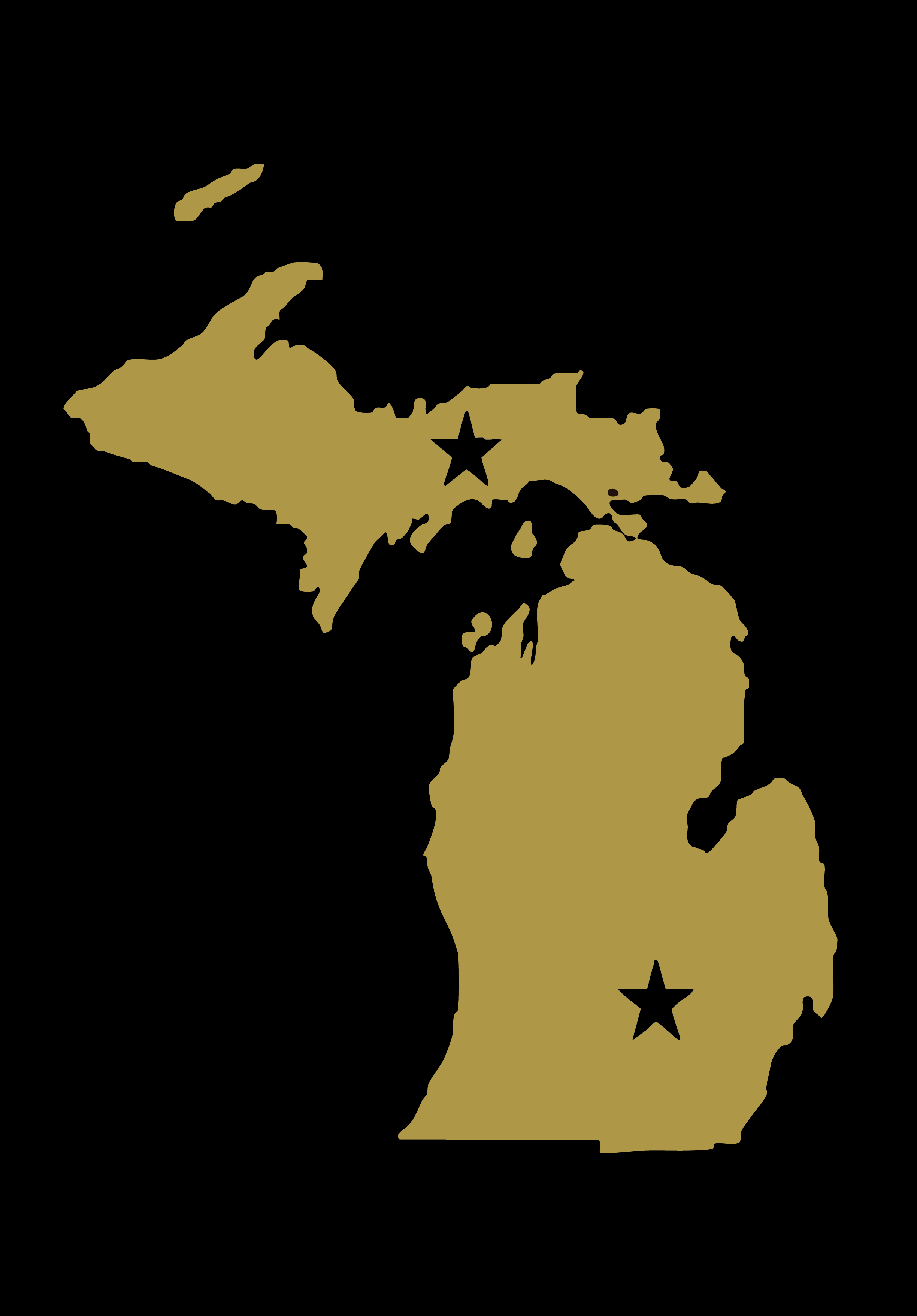 Map of Michigan with two stars indicating Detroit and Lansing.
