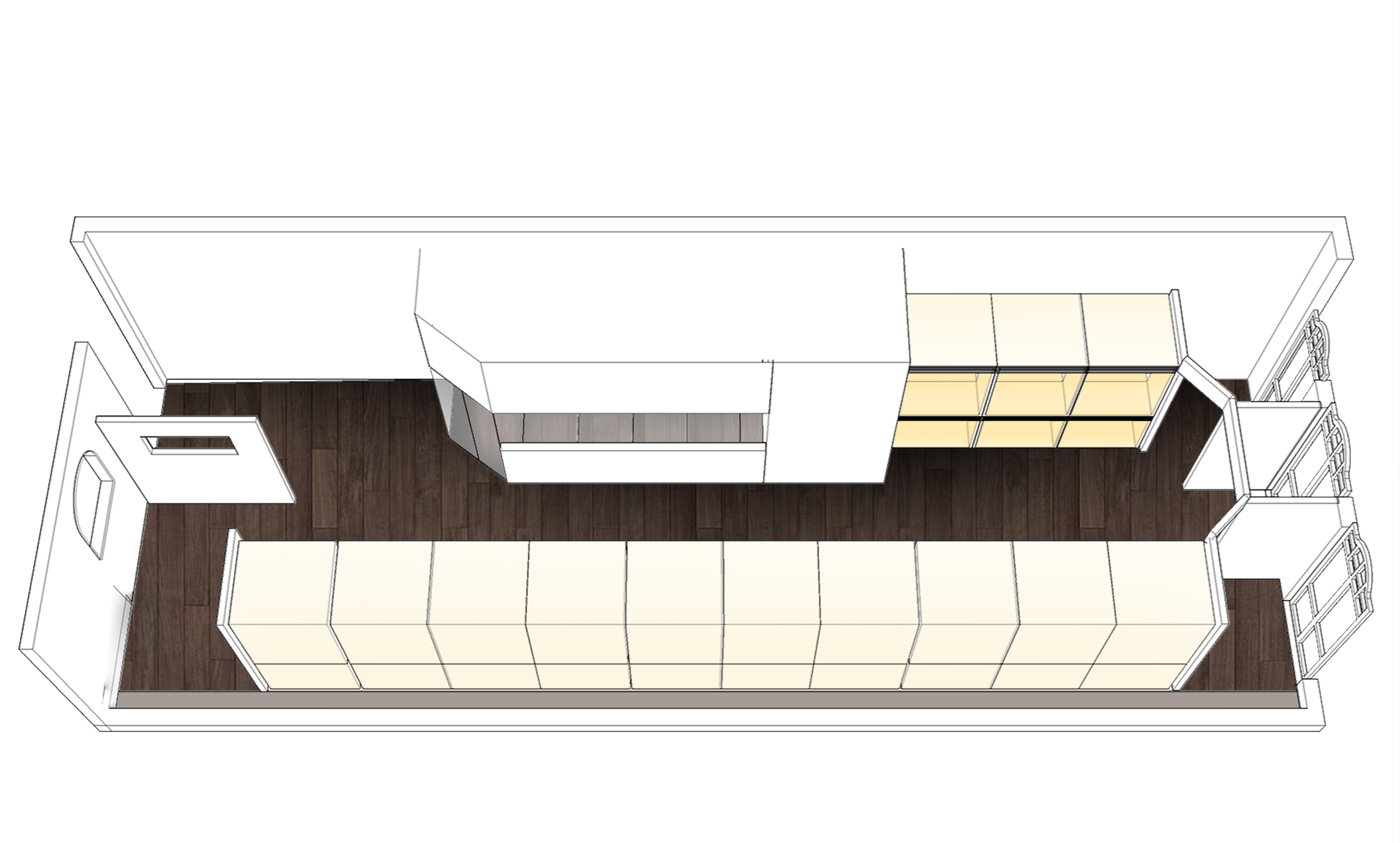 Top-down view of a room with dark wooden flooring, large off-white cabinets along one wall, and a white shelf or cabinet unit.