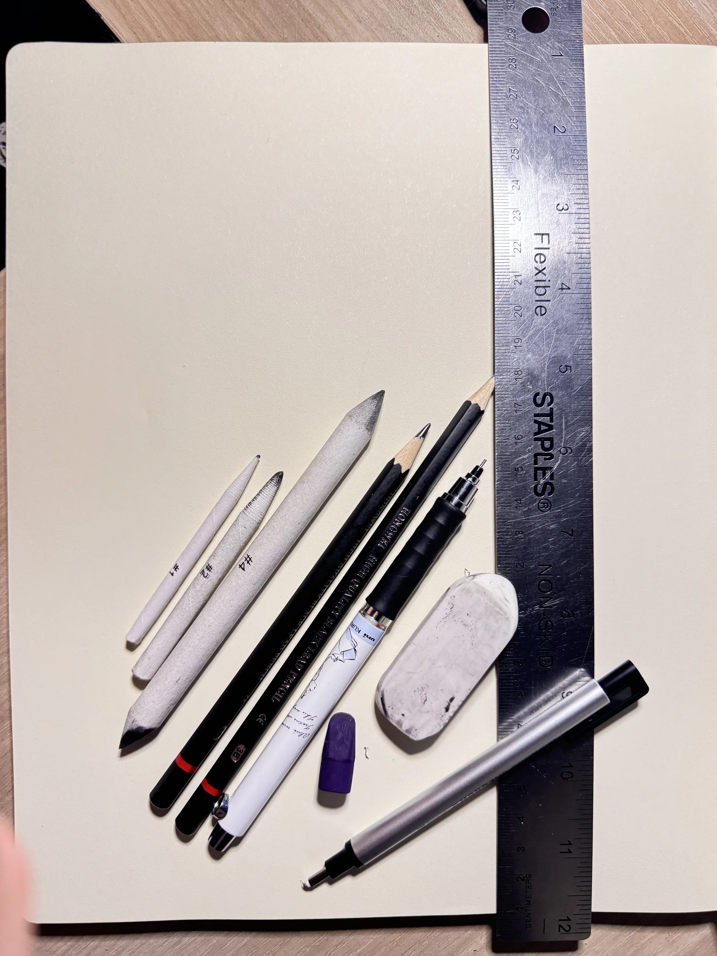 Materials used: 
         Pencils
             - 0.05 Mechanical Pencil 
             - 2H Pencil 
             - 3B Pencil 
         Blend Sticks
             - #1
             - #2
             - #4
         Other
             - 12IN Ruler
        