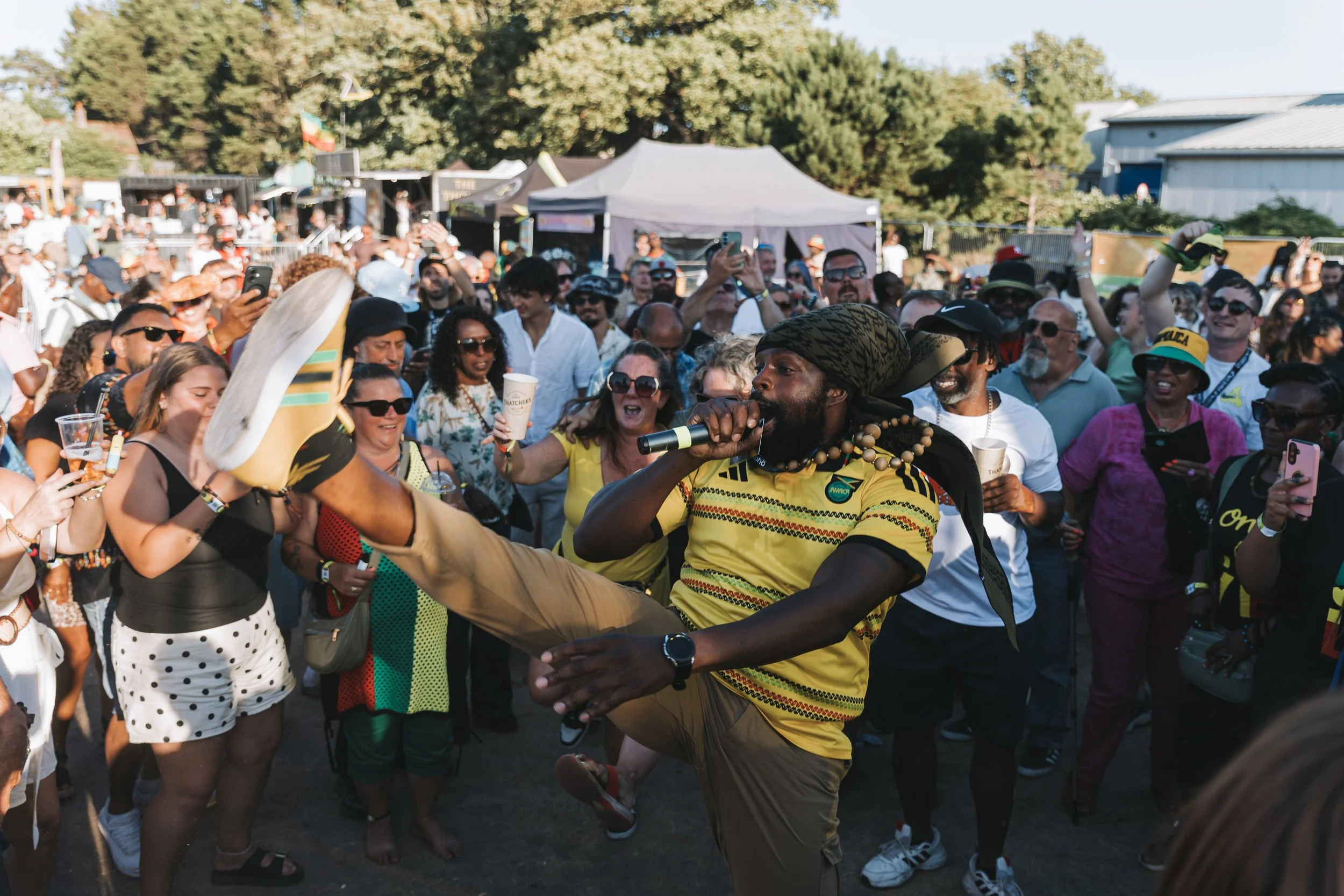 Da Fuchaman dancing with crowd at Reggae Weekender festival in Bournemouth.