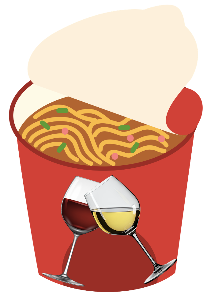 A red container of spaghetti with pink and green toppings, two glasses of wine—one red and one white.