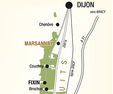 Map showing locations around Dijon, France, including Marsannay, Chenôve, Couchey, Fixin, Brochon, and the major roads D9/A, A31, and Ligne SNCF toward Nancy.